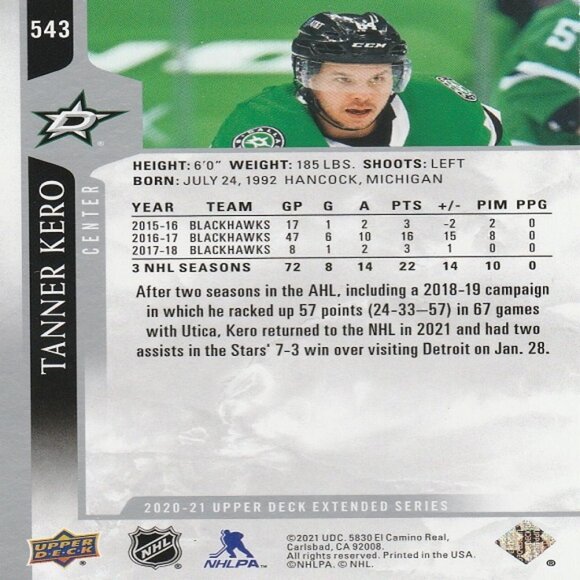 Tanner Kero - 2020/2021 Upper Deck Extended Series Hockey Card - Picture 2 of 2